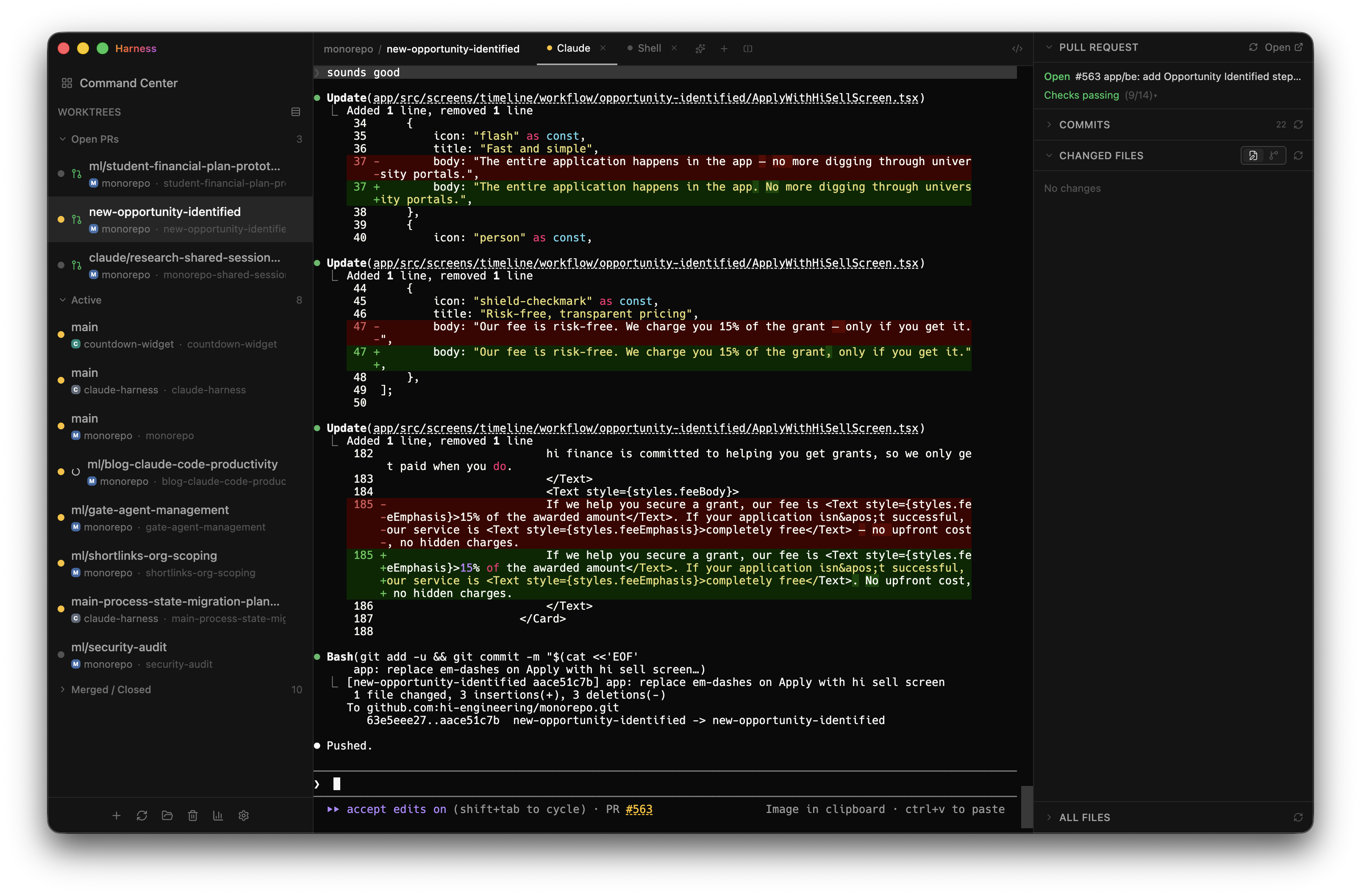 Harness showing several worktrees in the sidebar, a Claude session mid-edit in the main pane, and PR / changed files info on the right.